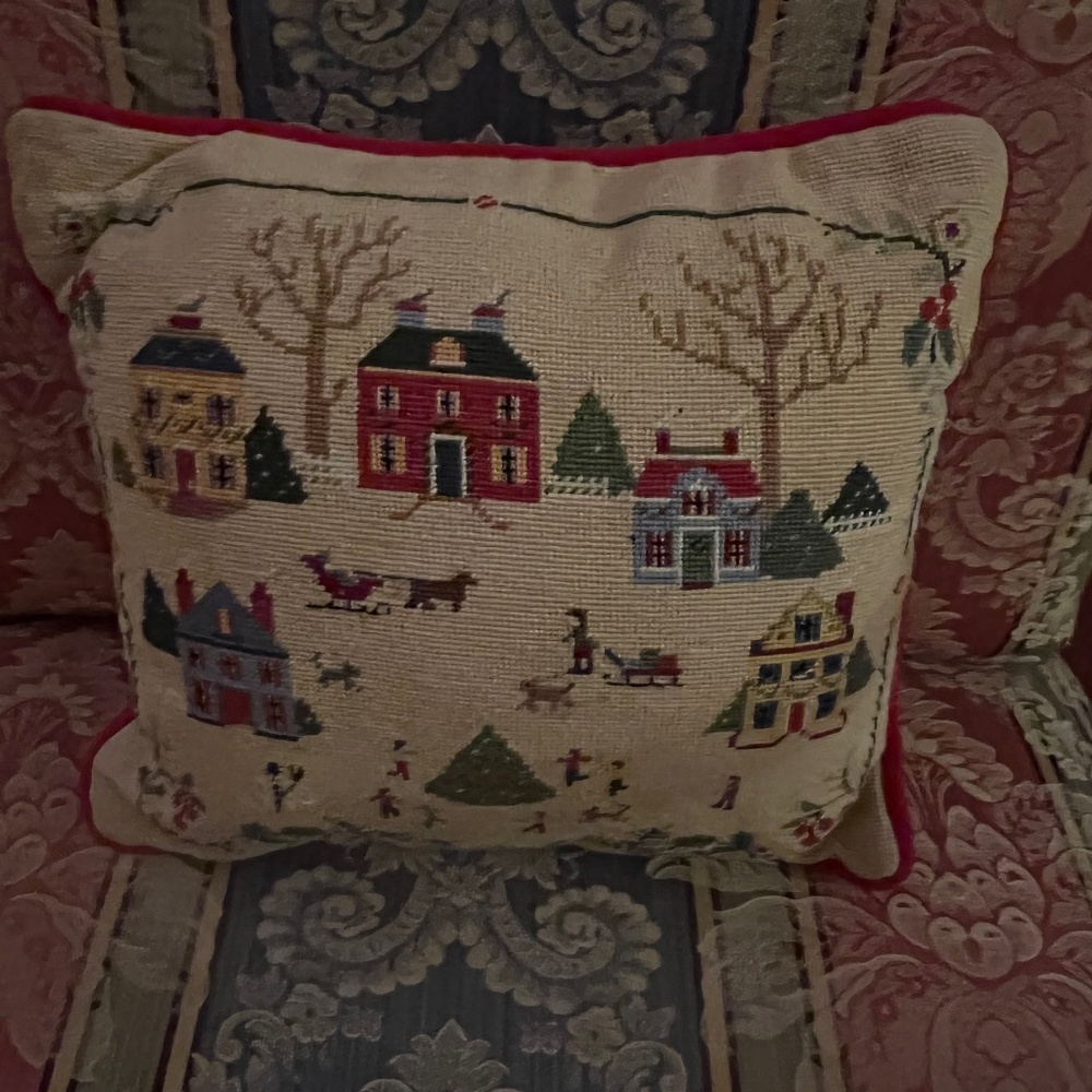Handmade Cross Stitch Winter Scene Pillow